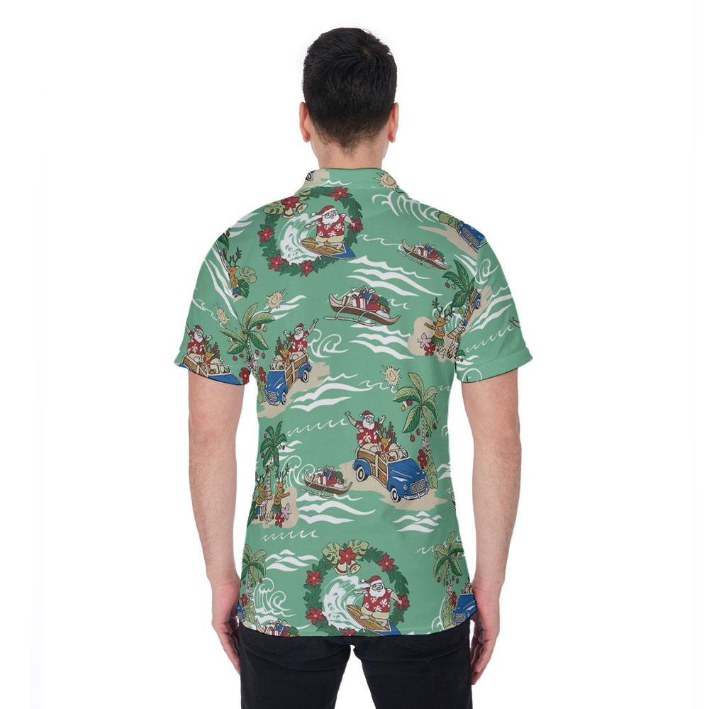 Vintage Santa Christmas On Beach Green Hawaiian Polo Shirt For Men