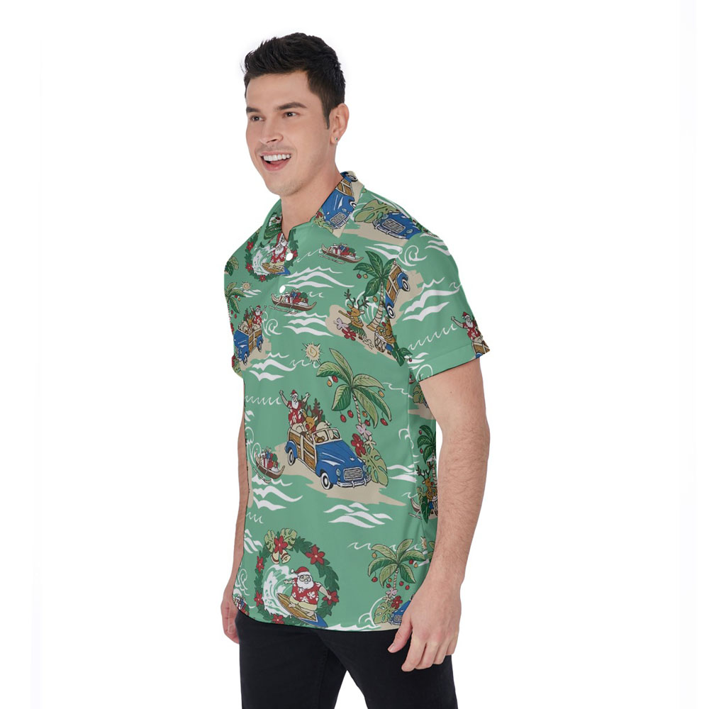Vintage Santa Christmas On Beach Green Hawaiian Polo Shirt For Men