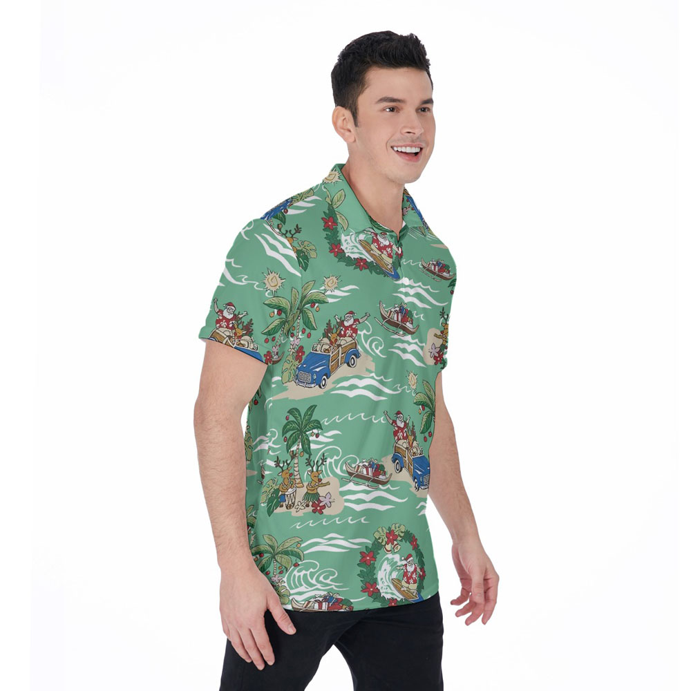 Vintage Santa Christmas On Beach Green Hawaiian Polo Shirt For Men