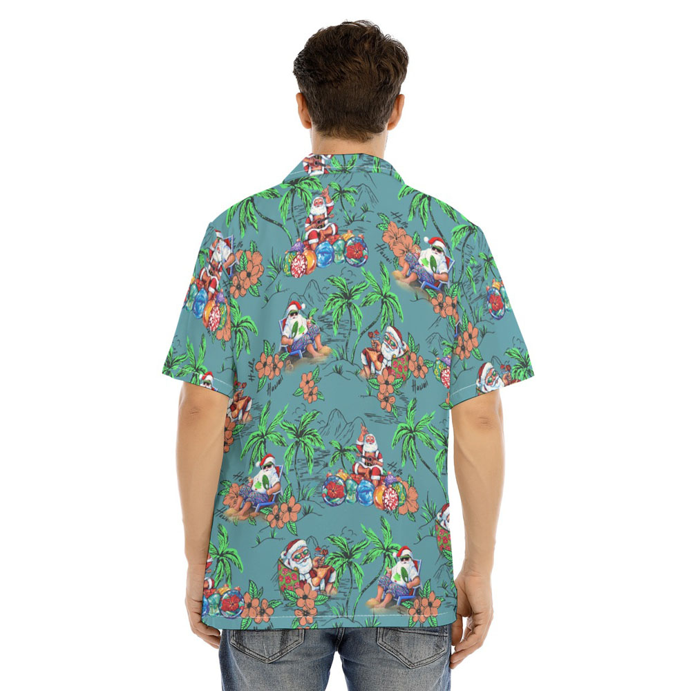 Vintage Summer Santa Claus Palm Tree Green Hawaiian Shirt