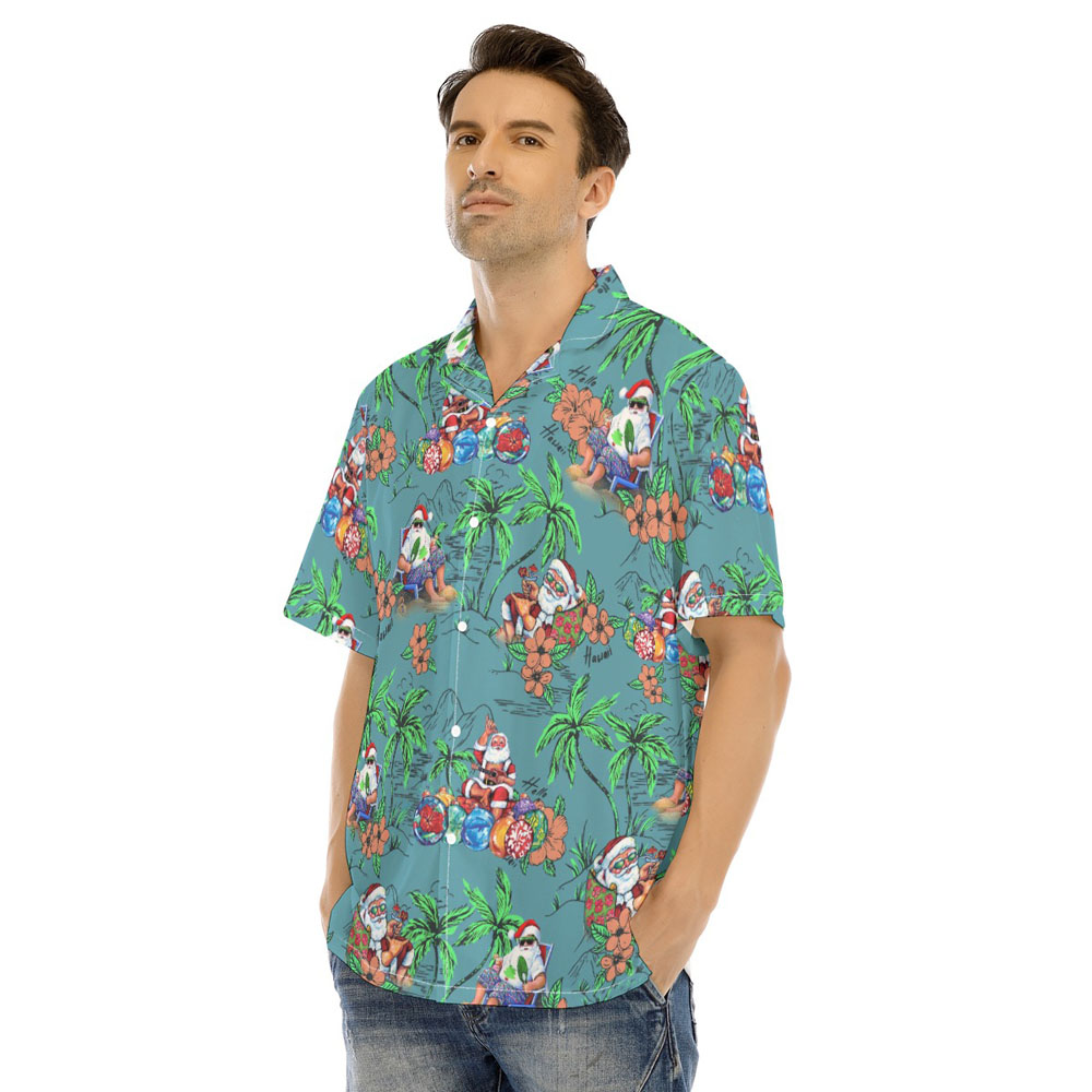 Vintage Summer Santa Claus Palm Tree Green Hawaiian Shirt