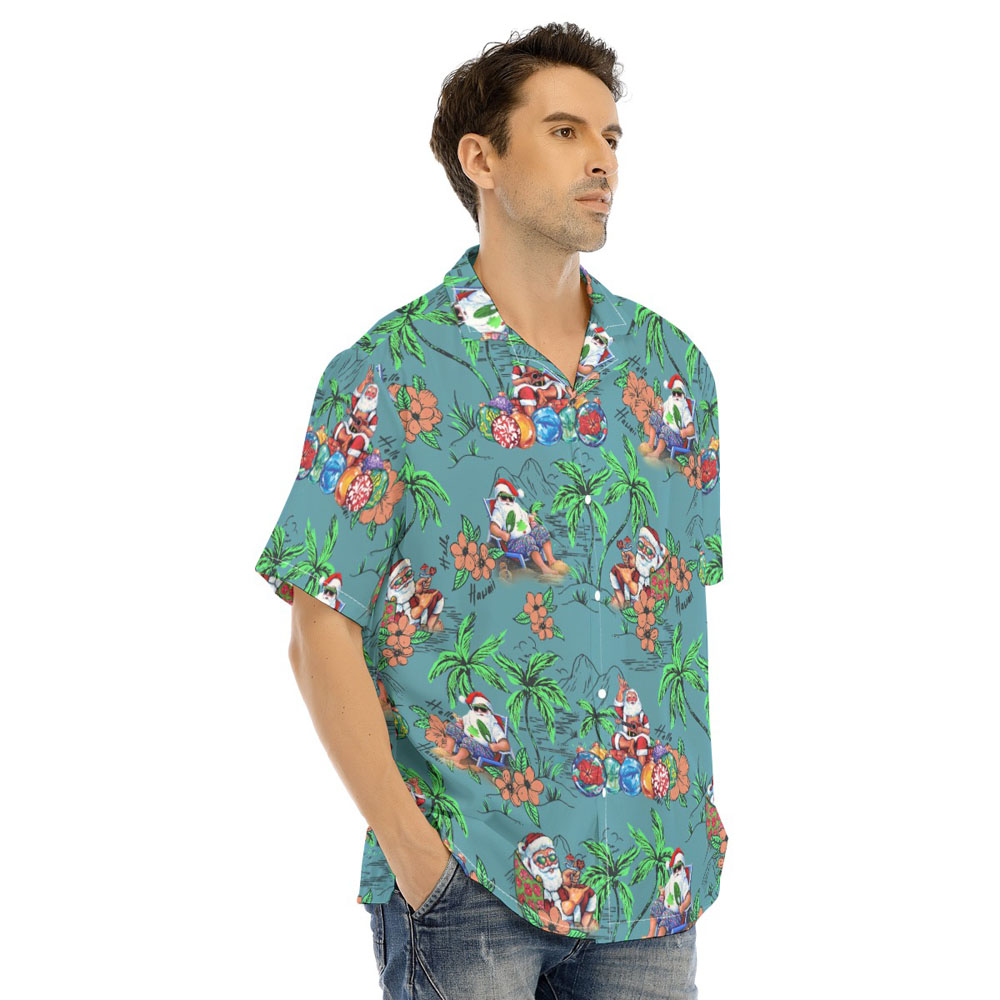 Vintage Summer Santa Claus Palm Tree Green Hawaiian Shirt