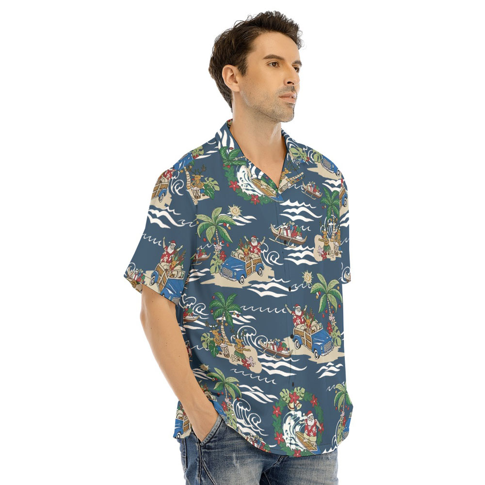 Classic Santa Claus Summer Christmas Navy Hawaiian Shirt