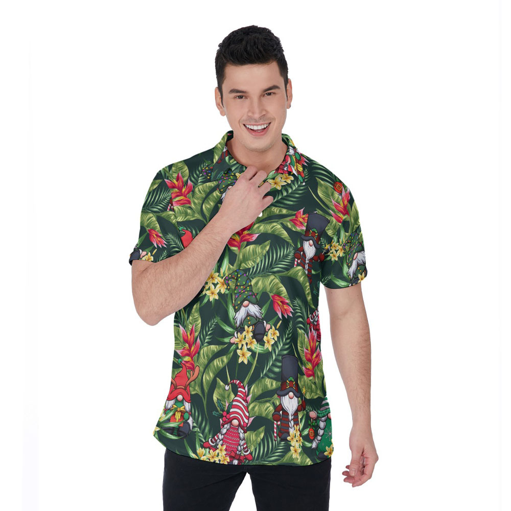 Funny Gnomes Tropical Floral Christmas Hawaiian Polo Shirt - variant image 1