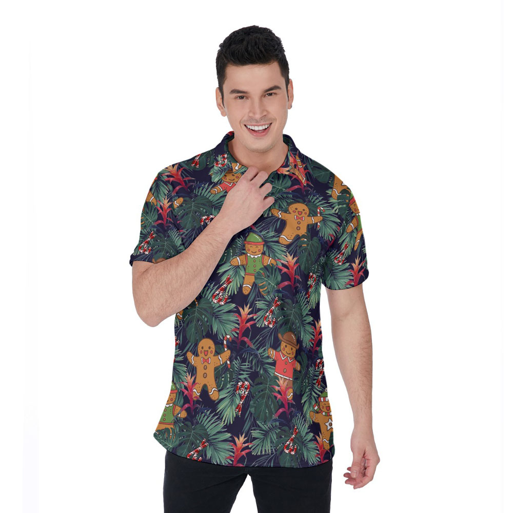 Funny Christmas Gingerbread Tropical Hawaiian Polo Shirt For Men - variant image 1