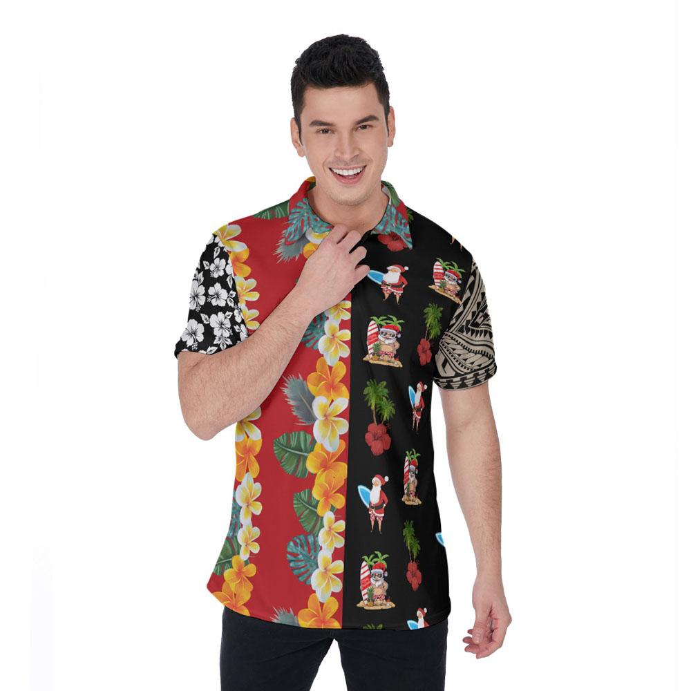 Vintage Santa Claus Surfing Floral Christmas Hawaiian Golf Shirt - variant image 1