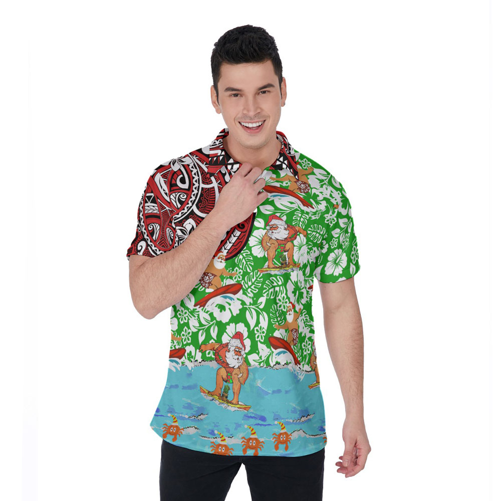Vintage Santa Surfing Floral Christmas Hawaiian Polo Shirt For Men - variant image 1