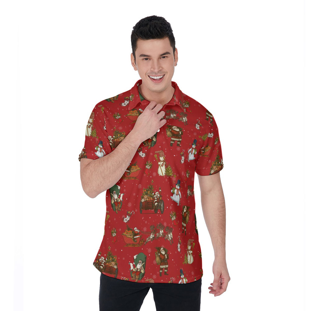 Vintage Snowman Christmas Santa Red Hawaiian Polo Shirt For Men - variant image 1