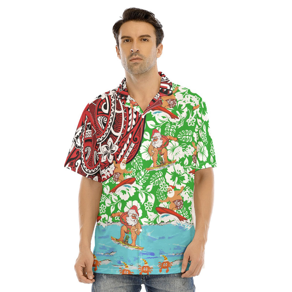 Mele Kalikimaka Funny Santa Surfing Vintage Floral Hawaiian Shirt - variant image 1
