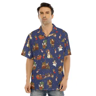 Classic Santa Claus Christmas Snowman Navy Hawaiian Shirt
