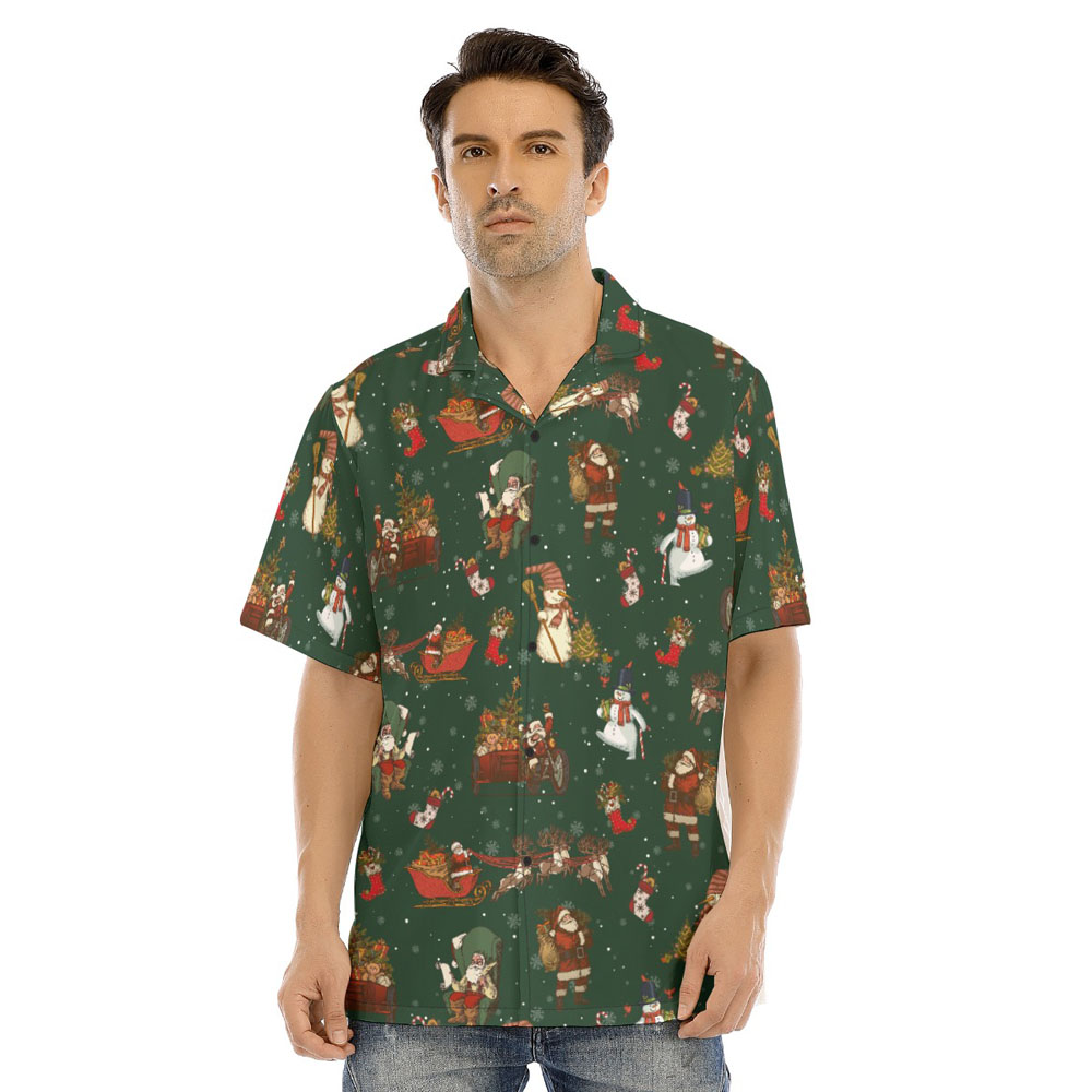 Vintage Santa Claus Snowman Christmas Green Hawaiian Shirt - variant image 1