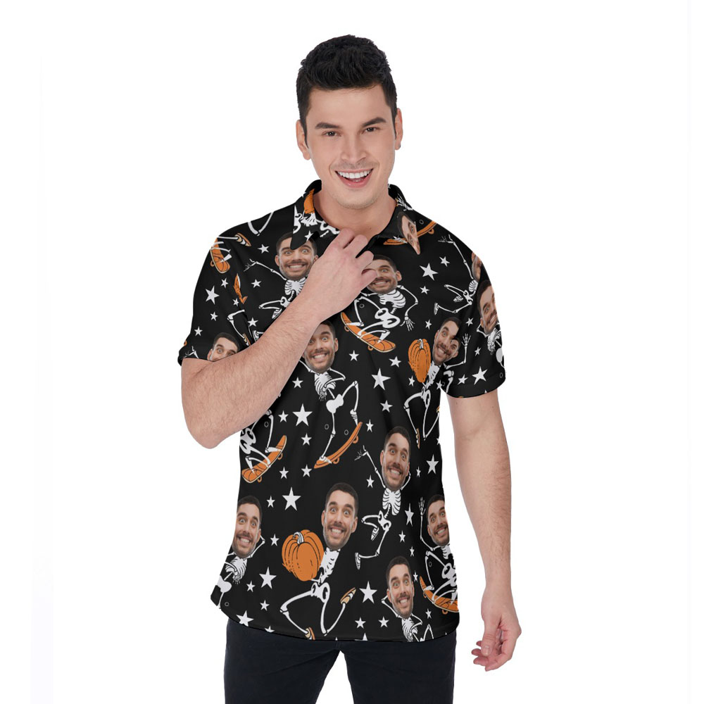 Funny Custom Face Skeleton Halloween Pumpkin Hawaiian Polo Shirt - variant image 1