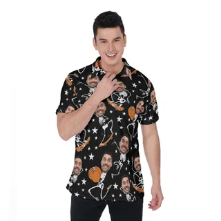 Funny Custom Face Skeleton Halloween Pumpkin Hawaiian Polo Shirt
