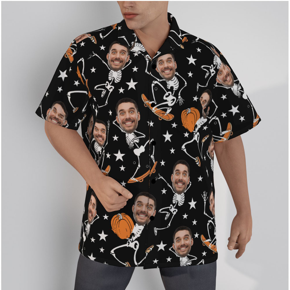 Custom Face Skeleton Pumpkin Halloween Black Hawaiian Shirt - variant image 1