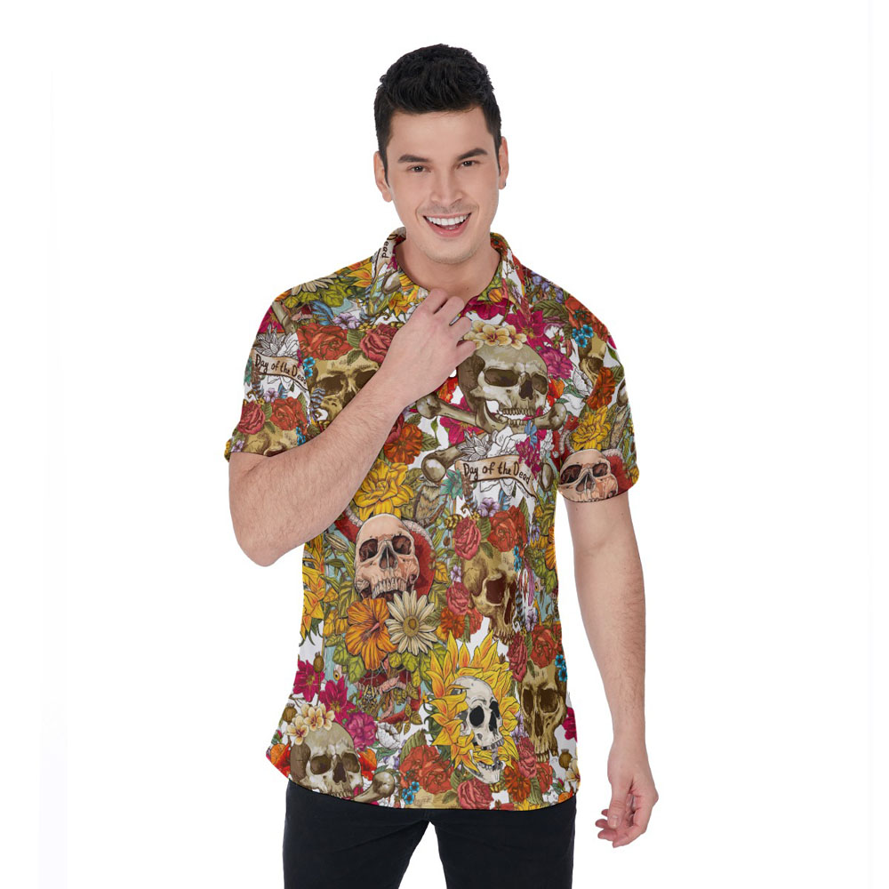 Floral Skull Halloween Hawaiian Polo Shirt For Men - variant image 1