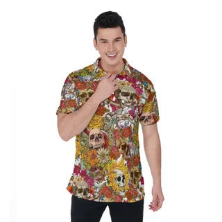 Floral Skull Halloween Hawaiian Polo Shirt For Men