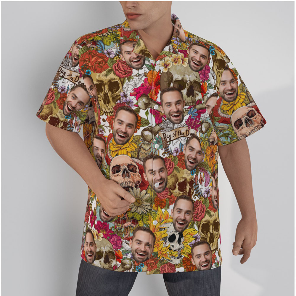 Custom Face Skull Halloween Floral Hawaiian Shirt - variant image 1