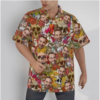 Custom Face Skull Halloween Floral Hawaiian Shirt
