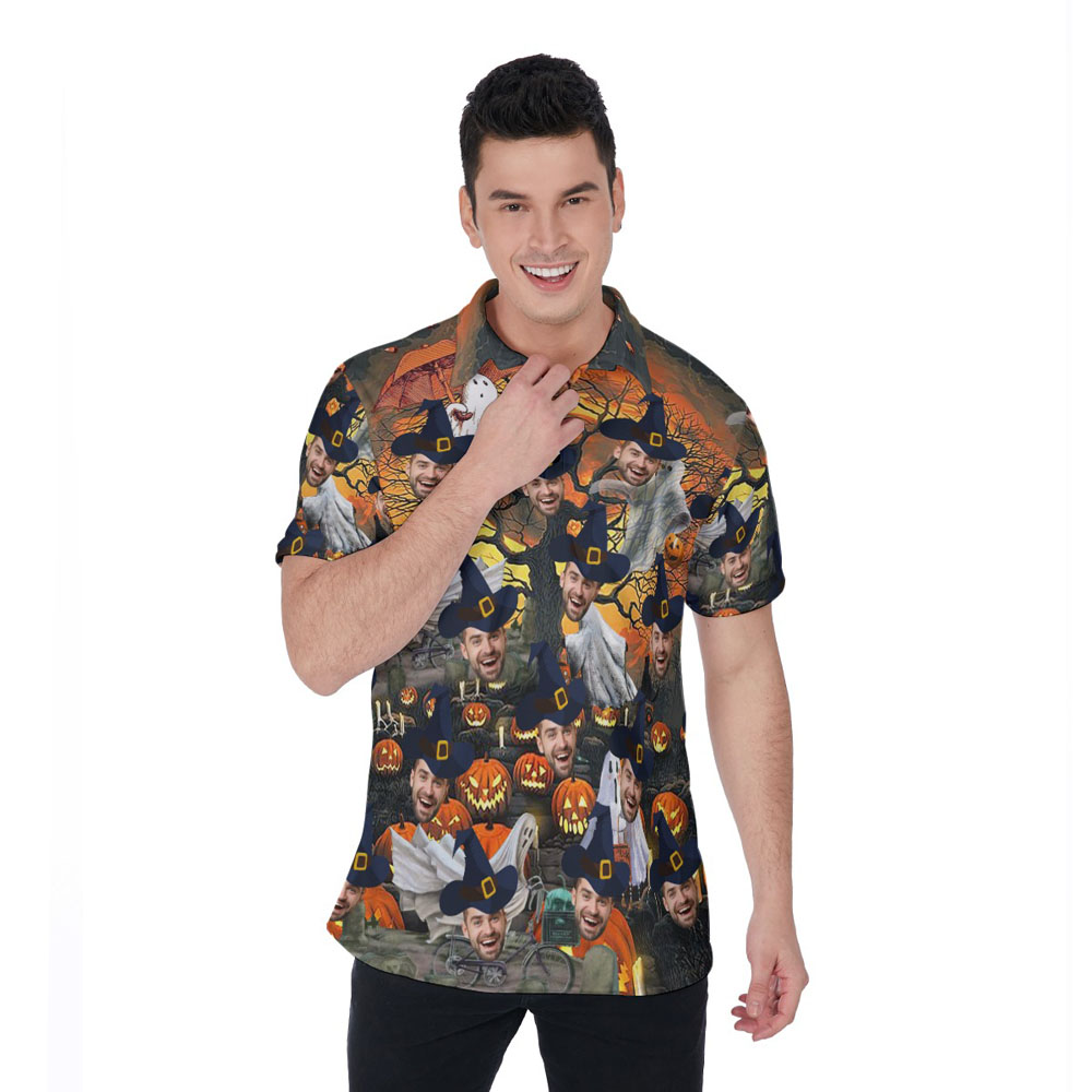 Halloween Pumpkin Ghost Hawaiian Polo Shirt With Custom Face