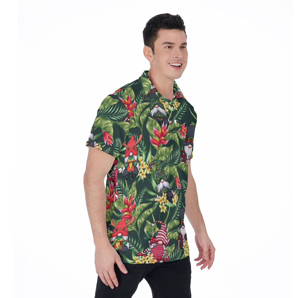 Funny Gnomes Tropical Floral Christmas Hawaiian Polo Shirt