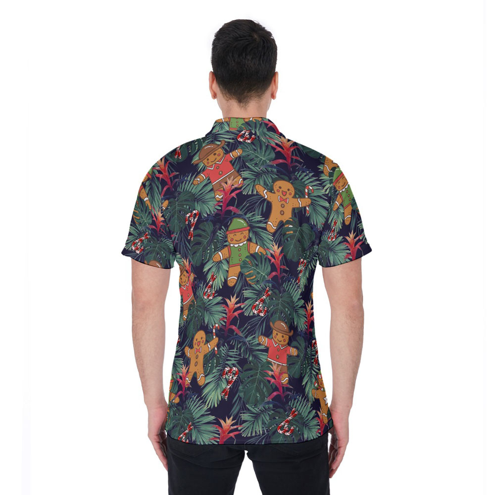 Funny Christmas Gingerbread Tropical Hawaiian Polo Shirt For Men