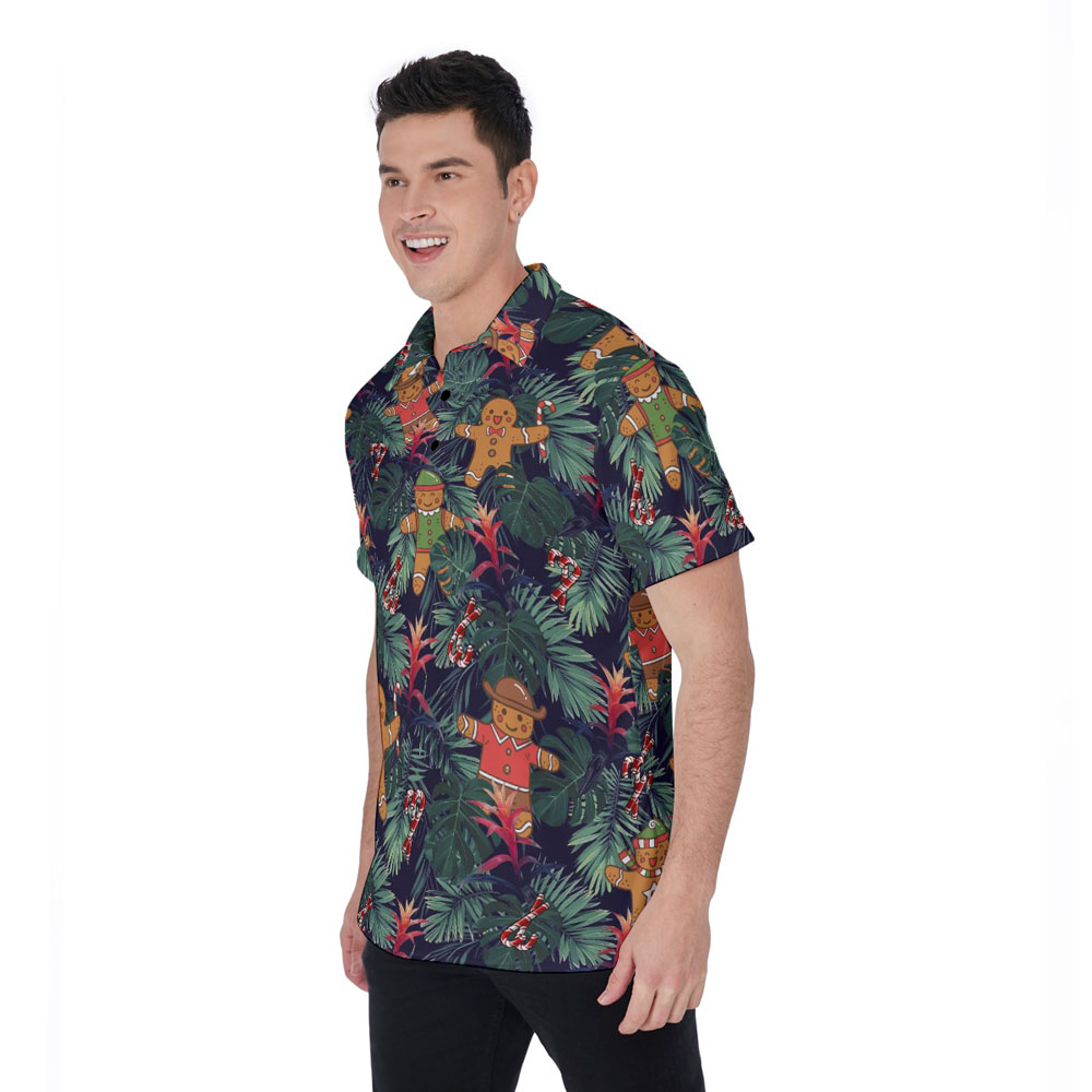 Funny Christmas Gingerbread Tropical Hawaiian Polo Shirt For Men