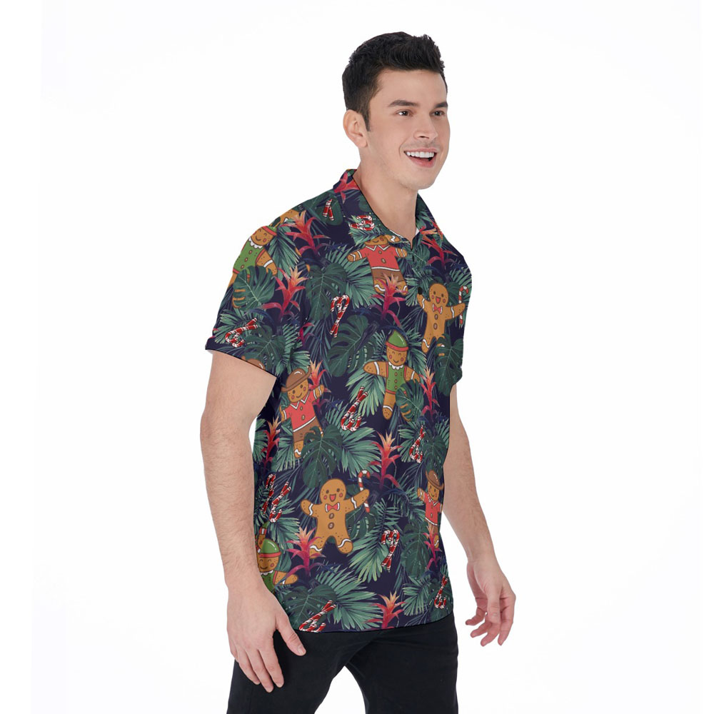 Funny Christmas Gingerbread Tropical Hawaiian Polo Shirt For Men