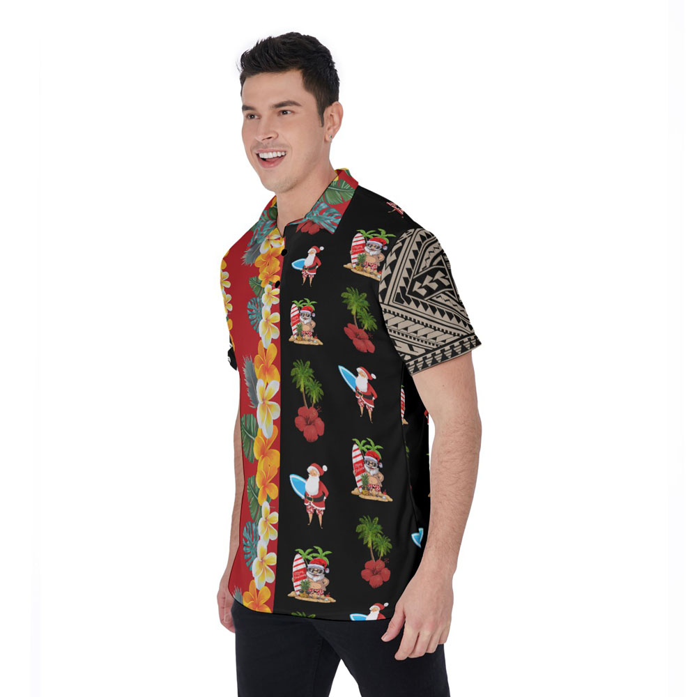 Vintage Santa Claus Surfing Floral Christmas Hawaiian Golf Shirt