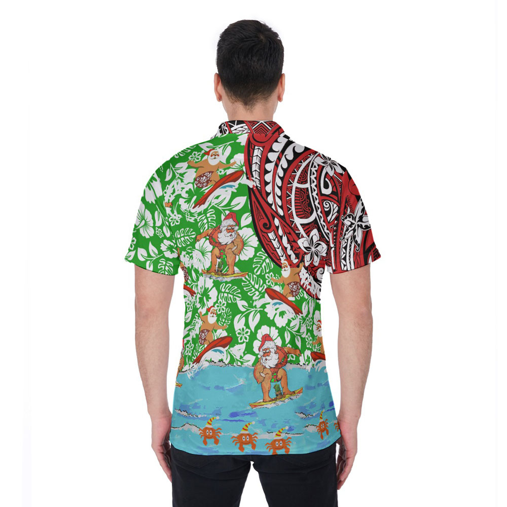 Vintage Santa Surfing Floral Christmas Hawaiian Polo Shirt For Men