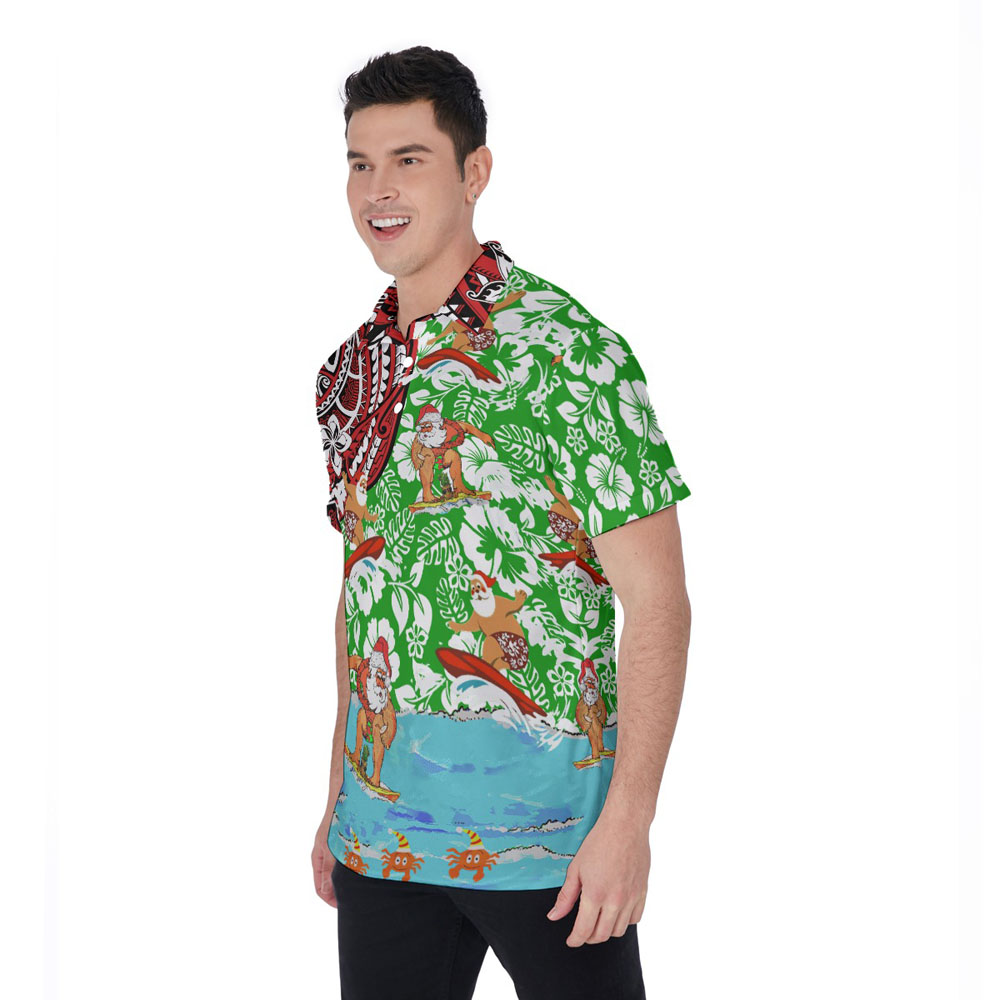Vintage Santa Surfing Floral Christmas Hawaiian Polo Shirt For Men