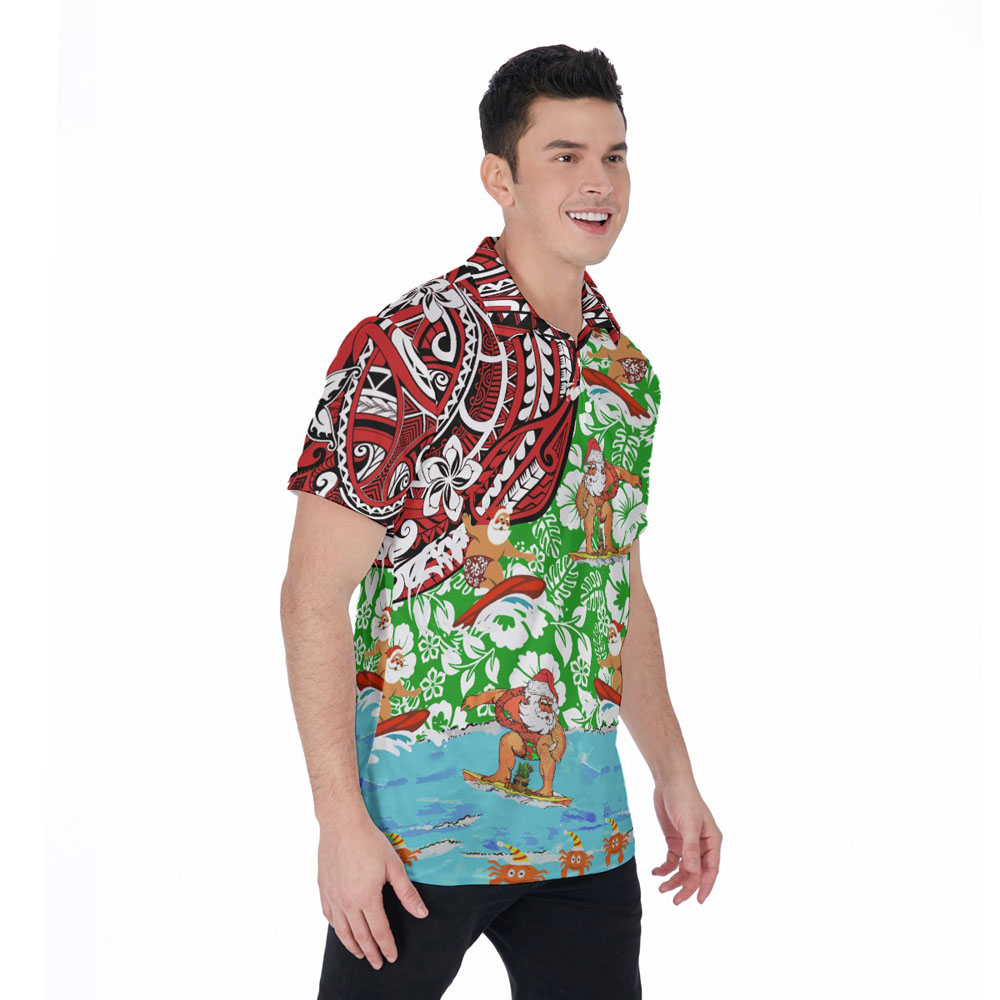 Vintage Santa Surfing Floral Christmas Hawaiian Polo Shirt For Men