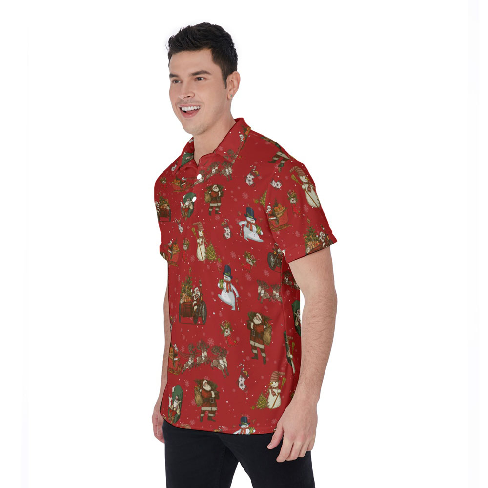 Vintage Snowman Christmas Santa Red Hawaiian Polo Shirt For Men