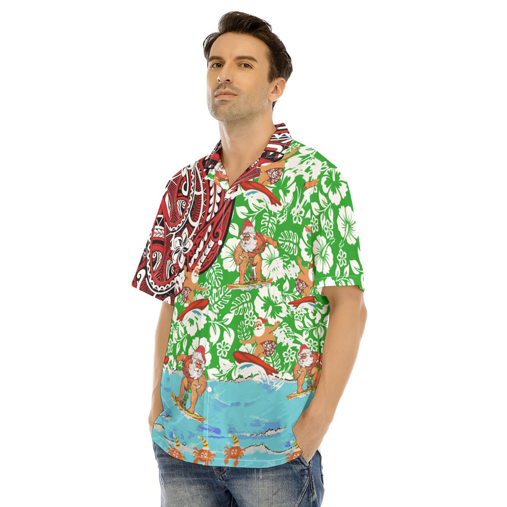 Mele Kalikimaka Funny Santa Surfing Vintage Floral Hawaiian Shirt