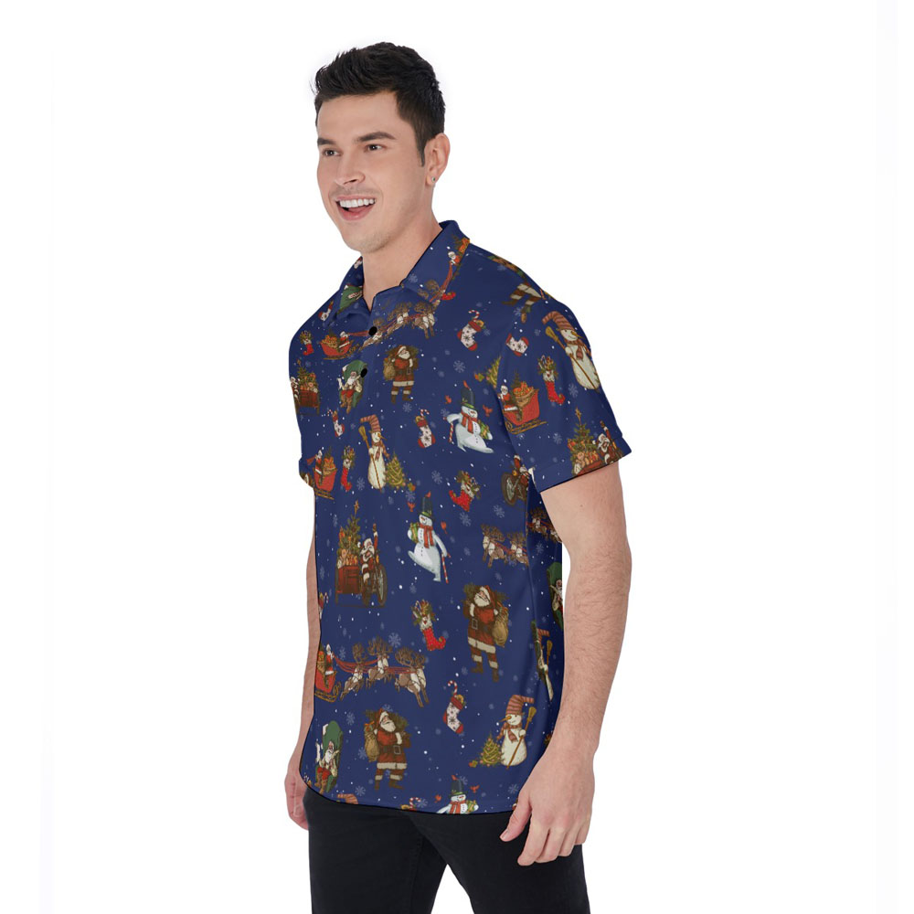 Santa Claus Snowman Christmas Vintage Navy Hawaiian Polo Shirt