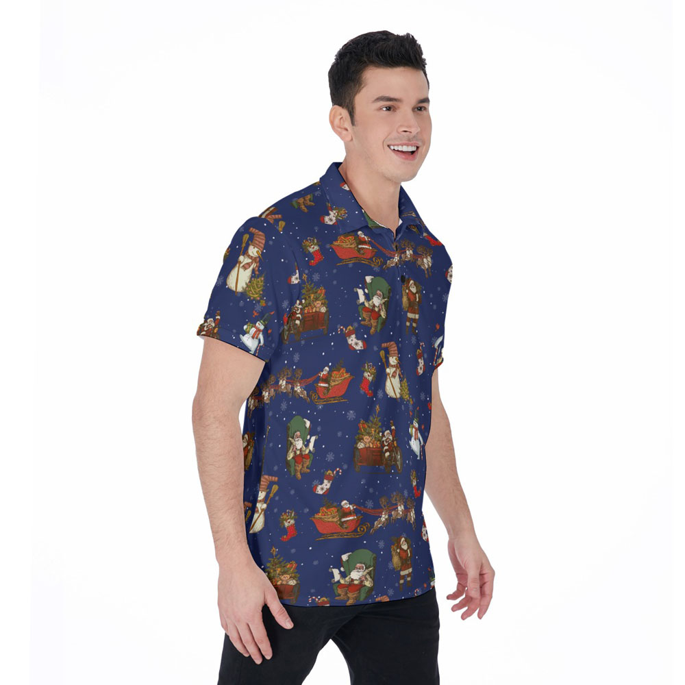 Santa Claus Snowman Christmas Vintage Navy Hawaiian Polo Shirt