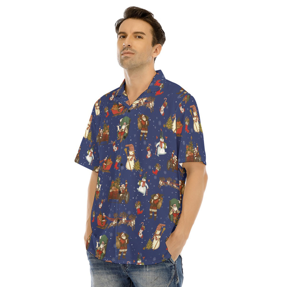 Classic Santa Claus Christmas Snowman Navy Hawaiian Shirt