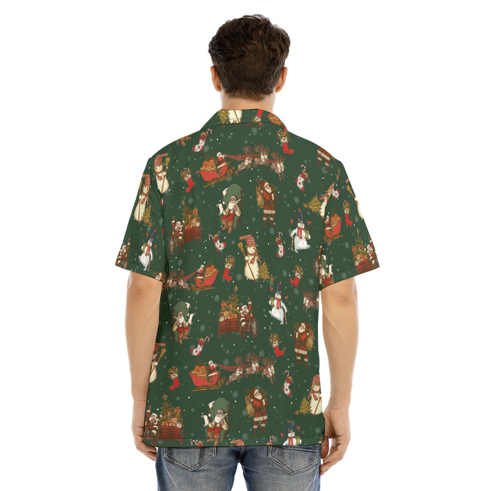 Vintage Santa Claus Snowman Christmas Green Hawaiian Shirt