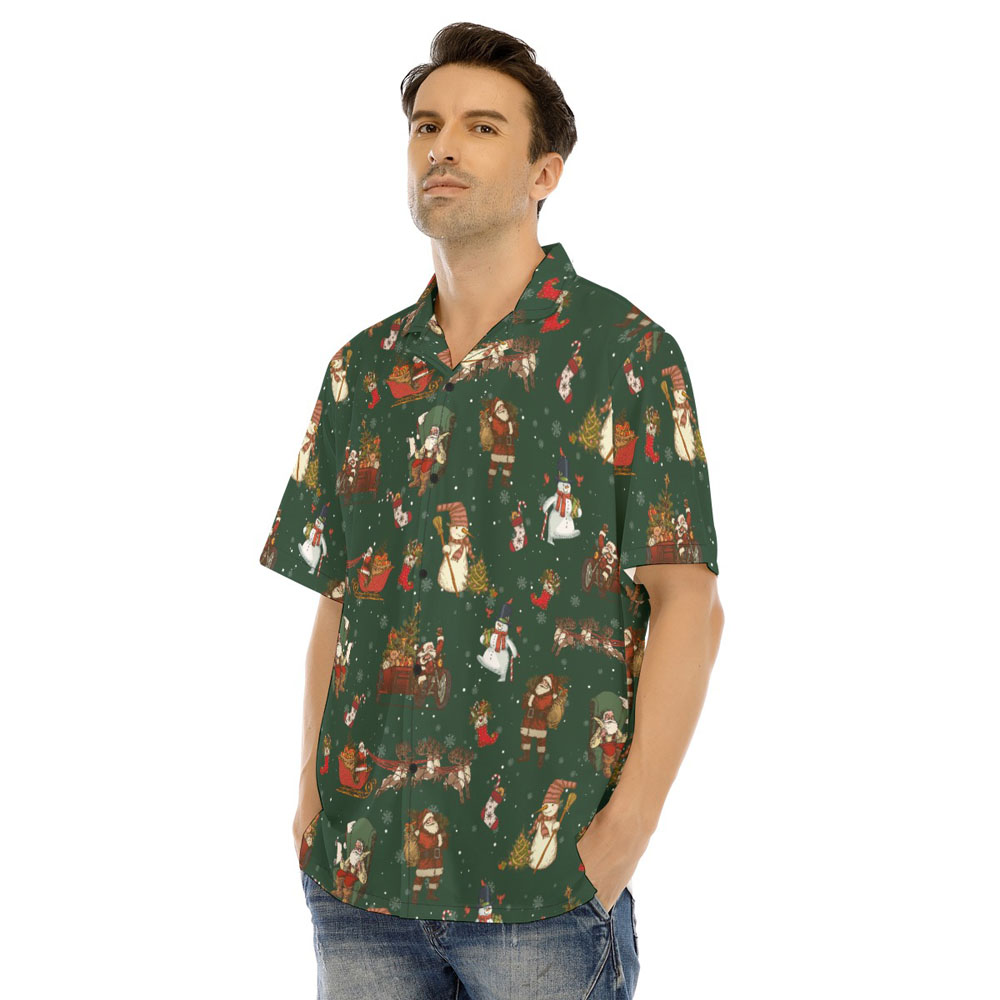 Vintage Santa Claus Snowman Christmas Green Hawaiian Shirt