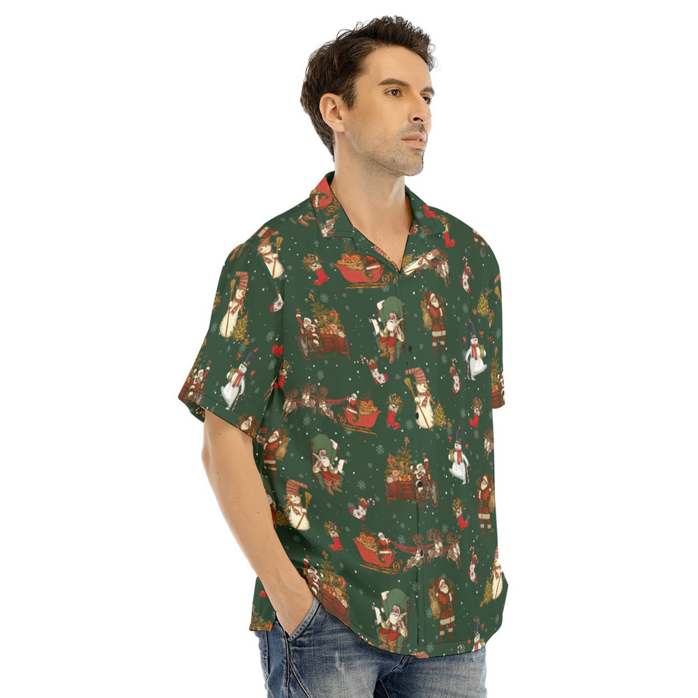Vintage Santa Claus Snowman Christmas Green Hawaiian Shirt