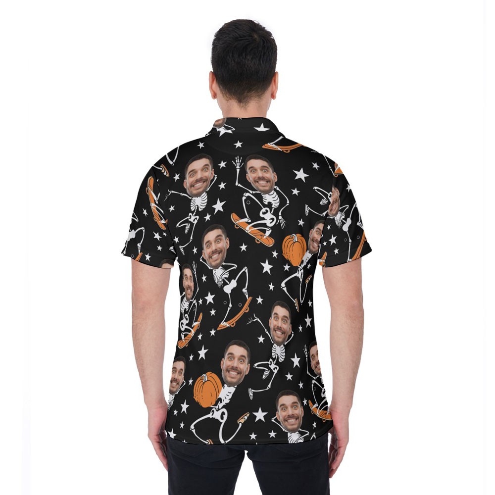 Funny Custom Face Skeleton Halloween Pumpkin Hawaiian Polo Shirt