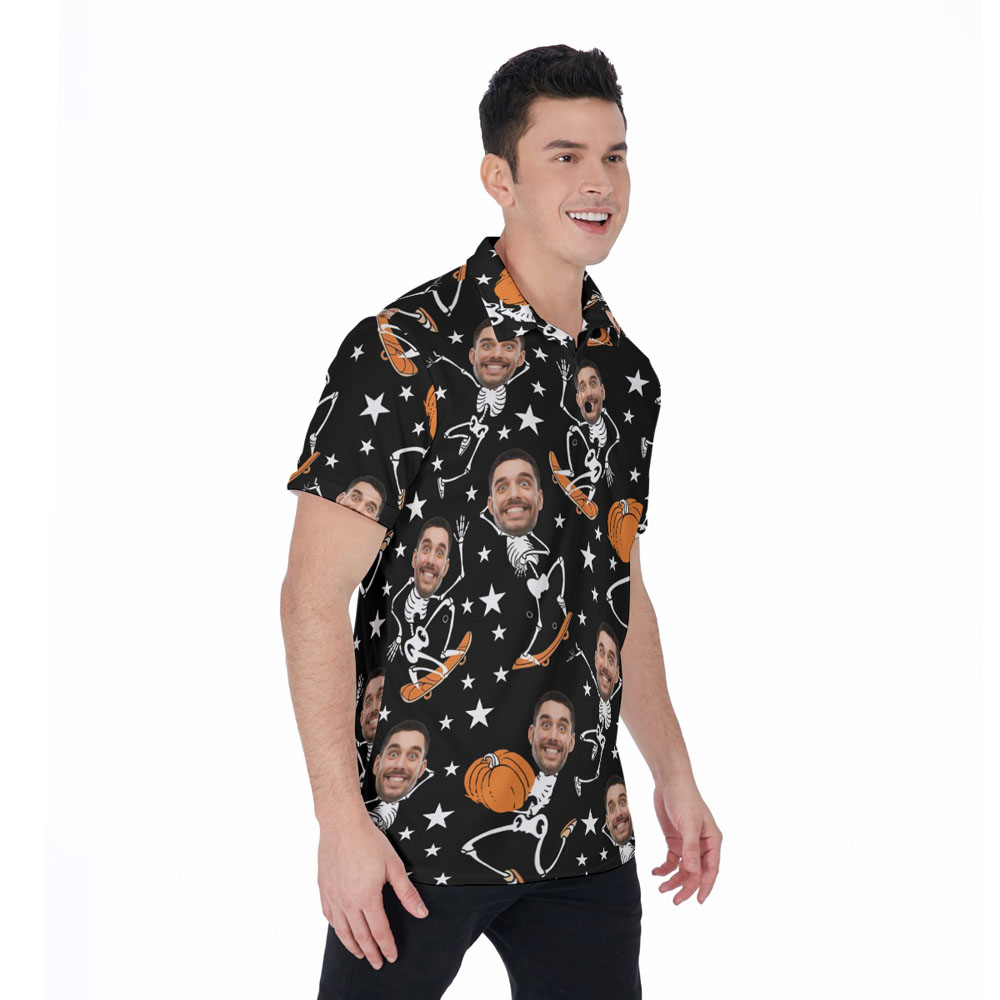 Funny Custom Face Skeleton Halloween Pumpkin Hawaiian Polo Shirt