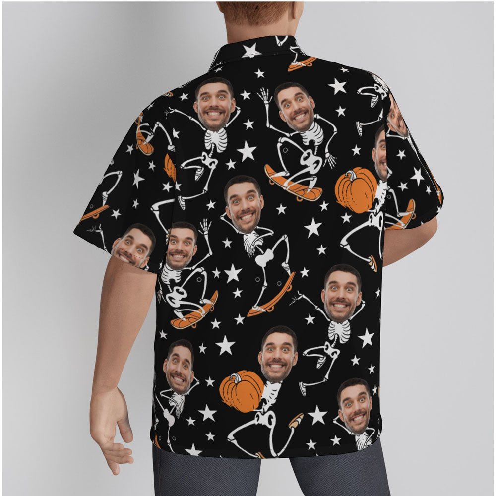 Custom Face Skeleton Pumpkin Halloween Black Hawaiian Shirt