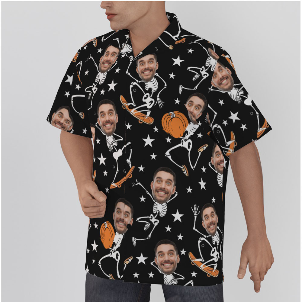 Custom Face Skeleton Pumpkin Halloween Black Hawaiian Shirt