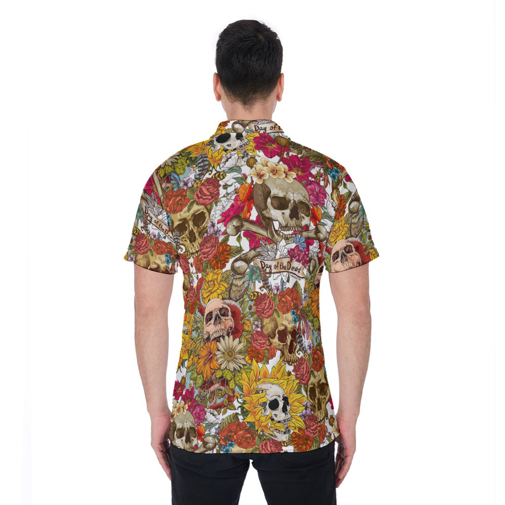 Floral Skull Halloween Hawaiian Polo Shirt For Men