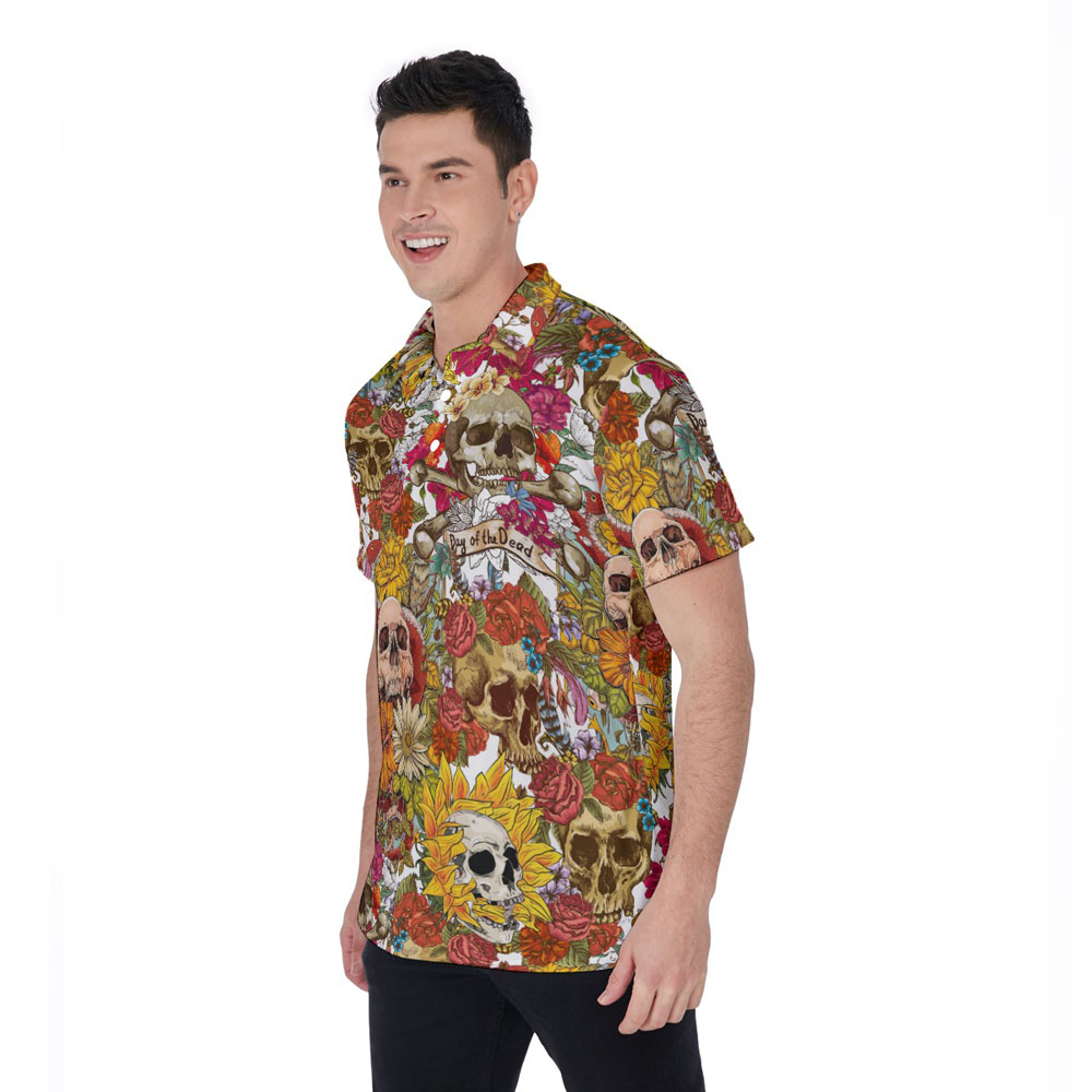 Floral Skull Halloween Hawaiian Polo Shirt For Men
