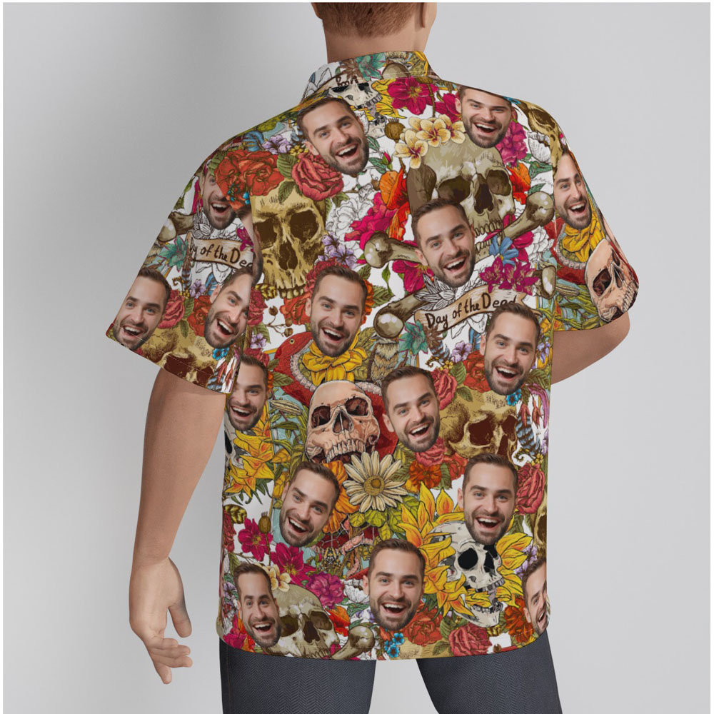 Custom Face Skull Halloween Floral Hawaiian Shirt