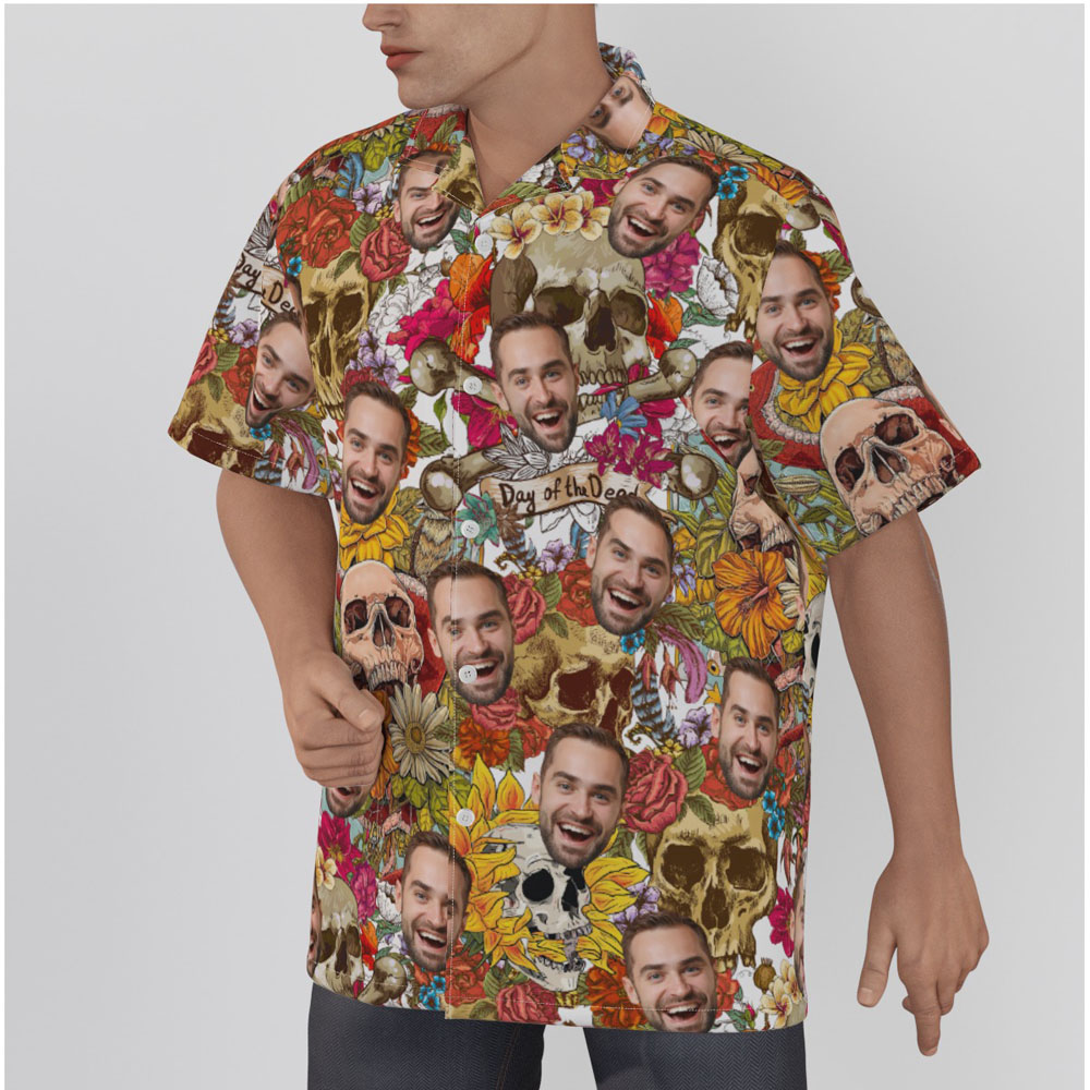 Custom Face Skull Halloween Floral Hawaiian Shirt