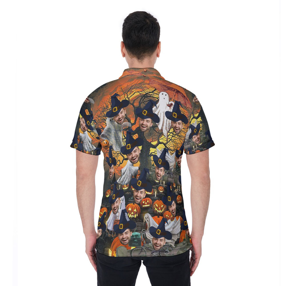 Halloween Pumpkin Ghost Hawaiian Polo Shirt With Custom Face