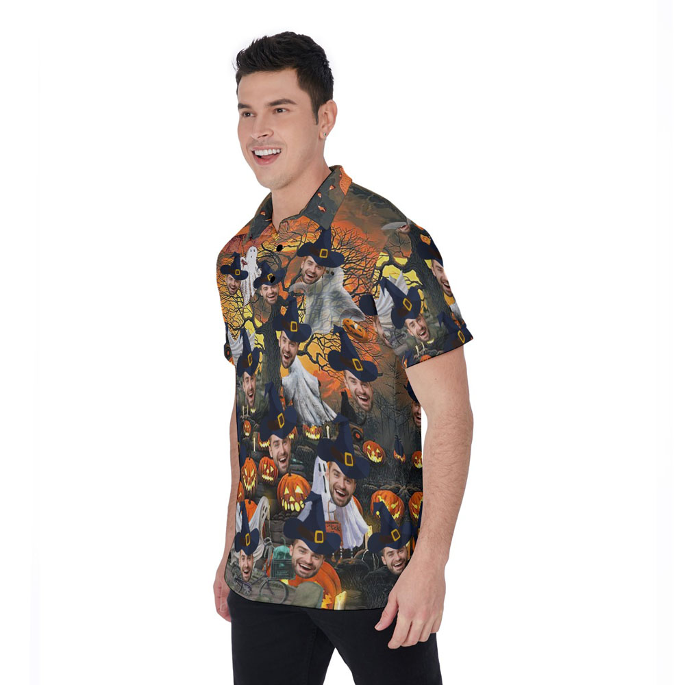 Halloween Pumpkin Ghost Hawaiian Polo Shirt With Custom Face