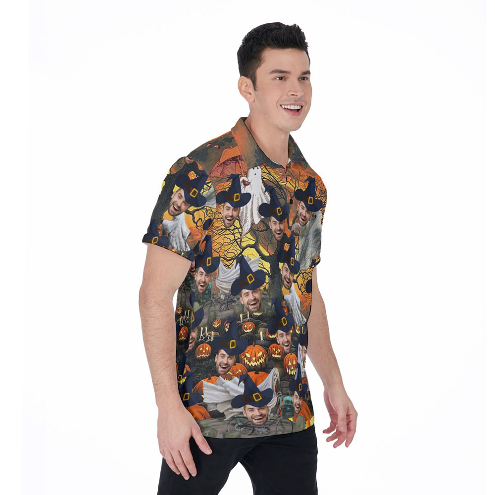 Halloween Pumpkin Ghost Hawaiian Polo Shirt With Custom Face